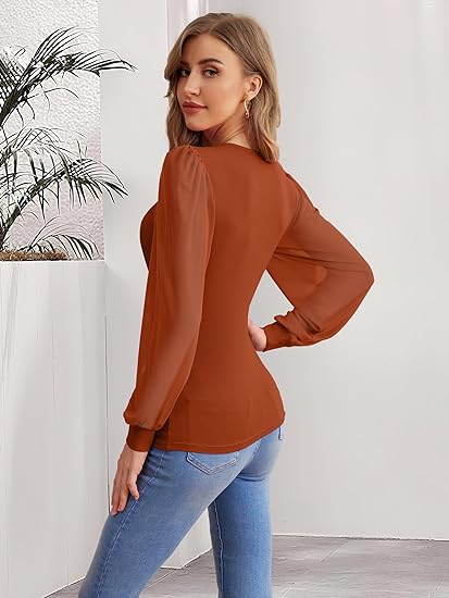 Women's Mesh Long Sleeve Shirts 2025 Fall Ribbed Knit Fitted Tops Business Dressy Casual Work Blouses