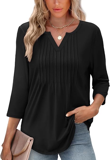 XIEERDUO Womens 3/4 Sleeve Tops 2025 V-Neck Casual Pleated Shirts Blouses Beach Vacation Fall Fashion Clothes Outfits