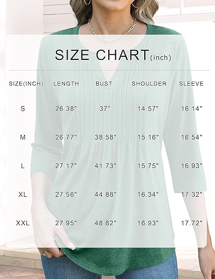 FreshNight 3/4 Length Sleeve Womens Tops Pleated V Neck T Shirts for Women Blouses Dressy Casual