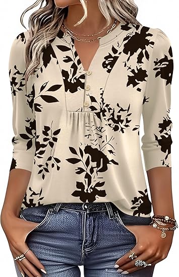 IECCP 3/4 Length Sleeve Womens Tops Dressy Casual Henley V-Neck Summer Tops Pleated T-Shirts Loose Fit Work Blouses