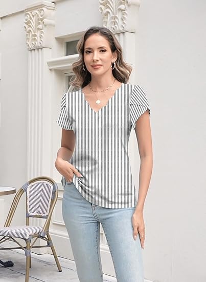 Womens Summer Tops Seashell Edge V Neck Shirts Petal Short Sleeve Top Dressy Casual Tunic Blouses