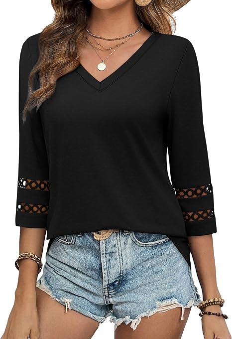 XIEERDUO 3/4 Length Sleeve Womens Tops Dressy Casual Blouses for Women 2025 Trendy V Neck T Shirts Summer Clothes