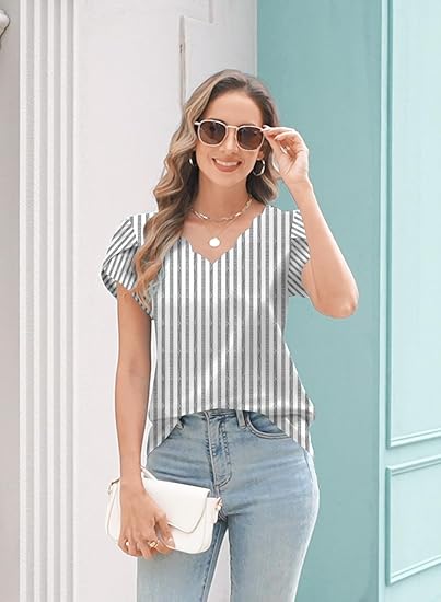 Womens Summer Tops Seashell Edge V Neck Shirts Petal Short Sleeve Top Dressy Casual Tunic Blouses