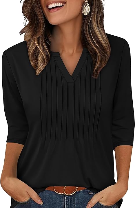 XIEERDUO Womens 3/4 Sleeve Tops 2025 V-Neck Casual Pleated Shirts Blouses Beach Vacation Fall Fashion Clothes Outfits