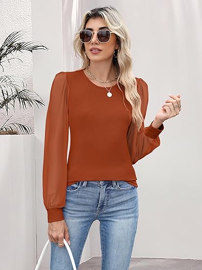 Women's Mesh Long Sleeve Shirts 2025 Fall Ribbed Knit Fitted Tops Business Dressy Casual Work Blouses