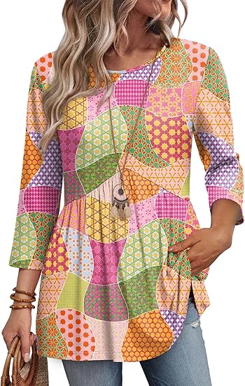 3/4 Length Sleeve Womens Tops Blouses for Women Dressy Casual Spring Fashion Clothing Crew Neck Babydoll Tops