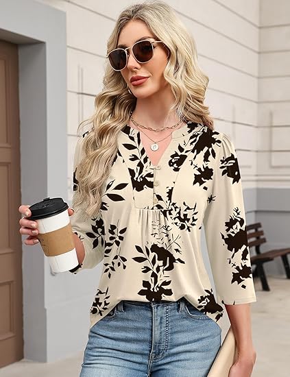 IECCP 3/4 Length Sleeve Womens Tops Dressy Casual Henley V-Neck Summer Tops Pleated T-Shirts Loose Fit Work Blouses