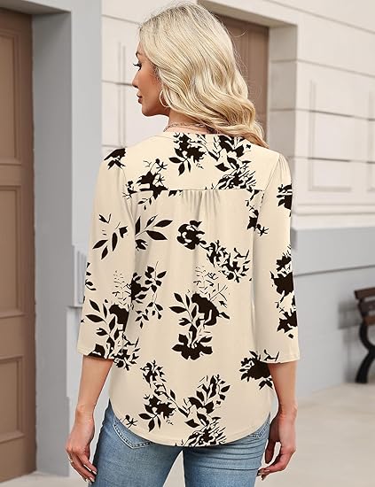 IECCP 3/4 Length Sleeve Womens Tops Dressy Casual Henley V-Neck Summer Tops Pleated T-Shirts Loose Fit Work Blouses