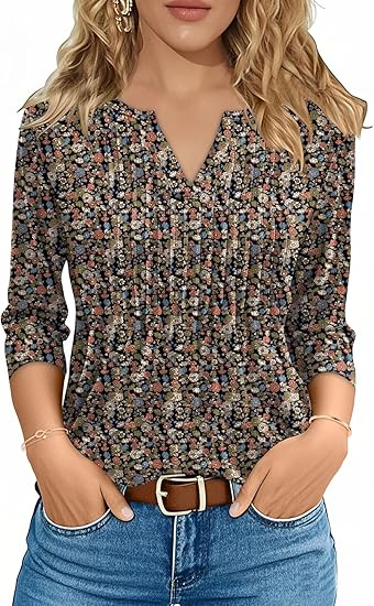 FreshNight 3/4 Length Sleeve Womens Tops Pleated V Neck T Shirts for Women Blouses Dressy Casual