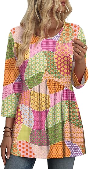 3/4 Length Sleeve Womens Tops Blouses for Women Dressy Casual Spring Fashion Clothing Crew Neck Babydoll Tops