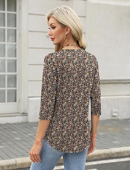 FreshNight 3/4 Length Sleeve Womens Tops Pleated V Neck T Shirts for Women Blouses Dressy Casual