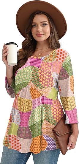 3/4 Length Sleeve Womens Tops Blouses for Women Dressy Casual Spring Fashion Clothing Crew Neck Babydoll Tops