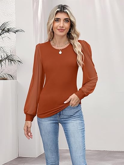 Women's Mesh Long Sleeve Shirts 2025 Fall Ribbed Knit Fitted Tops Business Dressy Casual Work Blouses