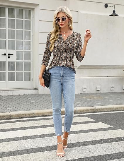 FreshNight 3/4 Length Sleeve Womens Tops Pleated V Neck T Shirts for Women Blouses Dressy Casual