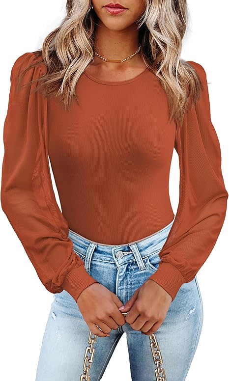 Women's Mesh Long Sleeve Shirts 2025 Fall Ribbed Knit Fitted Tops Business Dressy Casual Work Blouses