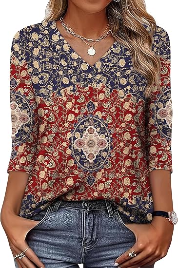 XIEERDUO 3/4 Length Sleeve Womens Tops V Neck Fall Clothes Basic Blouses Dressy Casual 2025 Early Fall Fashion Must Haves