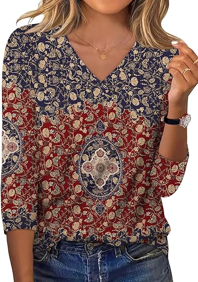 XIEERDUO 3/4 Length Sleeve Womens Tops V Neck Fall Clothes Basic Blouses Dressy Casual 2025 Early Fall Fashion Must Haves